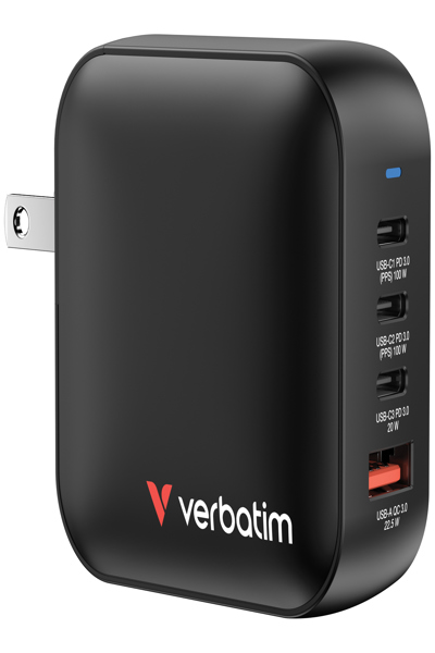 Chargeur Verbatim Mini GaN 100 W 3xUSB-C PD, 1xUSB-A QC 3.0 32231