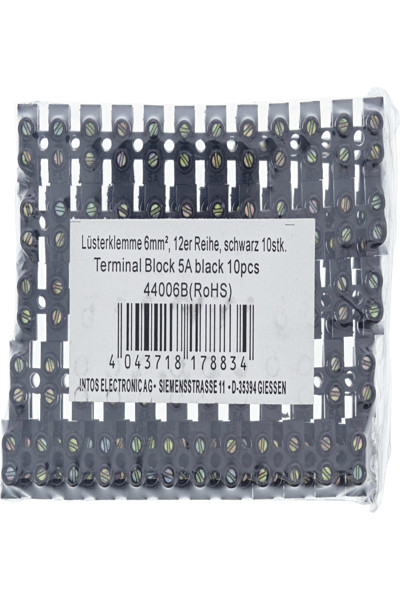 Bornier en ligne 6 mm² 12 ports noir 10 pièces.
