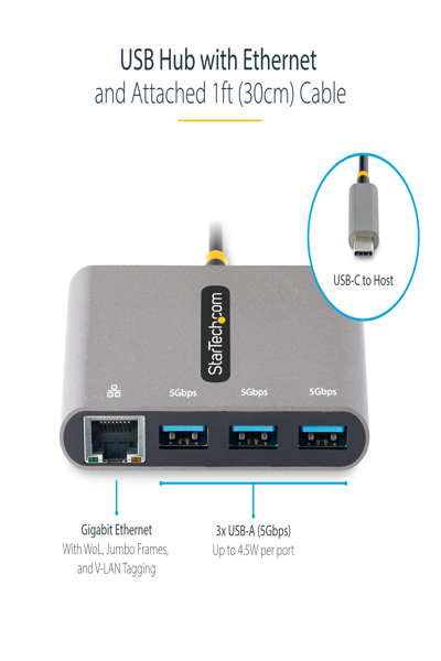 StarTech.com 3-portars USB-C-hubb med Gigabit Ethernet - HB30C3A1GEA2