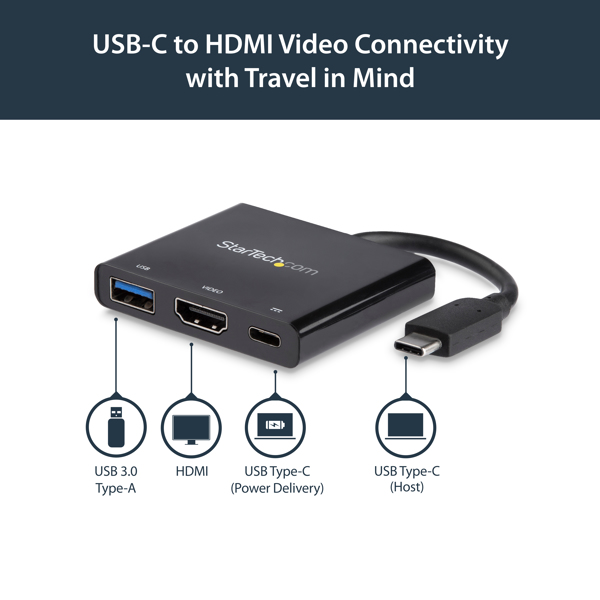 StarTech USB-C to 4K HDMI multifunction adapter with Power Delivery and USB-A connection - USB C laptop travel adapter - white - external video adapter - USB Type-C - HDMI - black - CDP2HDUACP