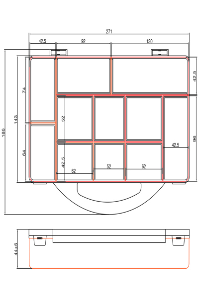 Boîte à petites pièces InLine - 11 compartiments - dimensions : 271x186x40mm - orange