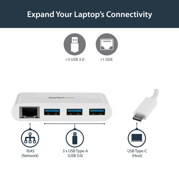 StarTech 3-Port USB-C Hub with Gigabit Ethernet - USB-C to 3x USB-A - USB 3.0 Hub - White - Wired - USB - Ethernet - 1000 Mbit/s - White - HB30C3A1GEA