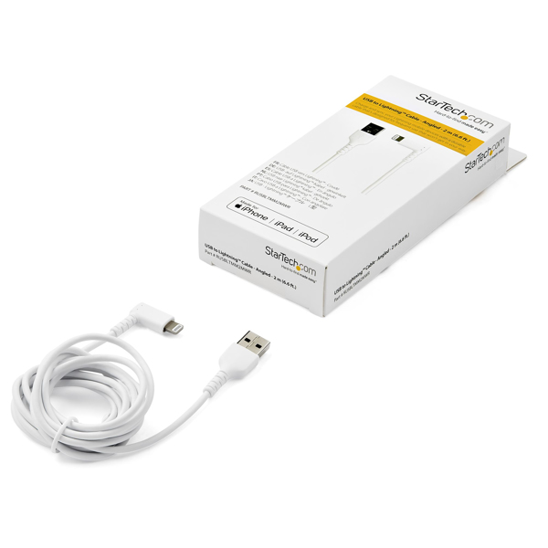 StarTech RUSBLTMM2MWR 2.0m Angled Lightning to USB Cable - Robust Apple MFi Certified Cable - White - Lightning Cable - Lightning (M) angled to USB (M) - 2.0m - double insulation - white - for Apple iPad/iPhone/iPod (Lightning) (RUSBLTMM2MWR) - RUSBLTMM2MWR