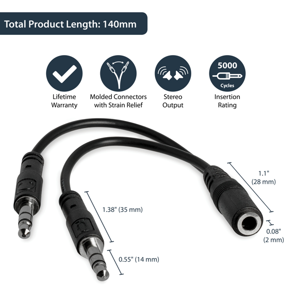 StarTech 3.5mm Audio Jack Y Cable - Headset Splitter - Adapter - 1 x 3.5mm 4 Position Female 2 x 3.5mm 3 Position Male - Black - Headset Splitter - MUYHSFMM