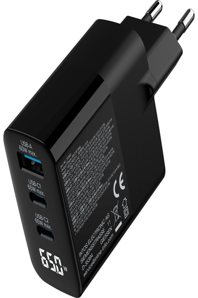 InLine USB PD power supply - GaN charger - 3-port - USB-C + USB-A - 65W - w/ display