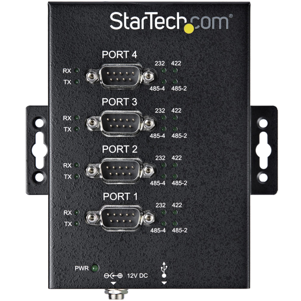 StarTech 4 Port Industrial USB to RS232/ 422/ 485 Serial Adapter - 15kv ESD Protection - USB to Serial Adapter - Serial Adapter - USB 2.0 - RS-232/422/485 x 4 + USB 2.0 x 1 - Black - ICUSB234854I