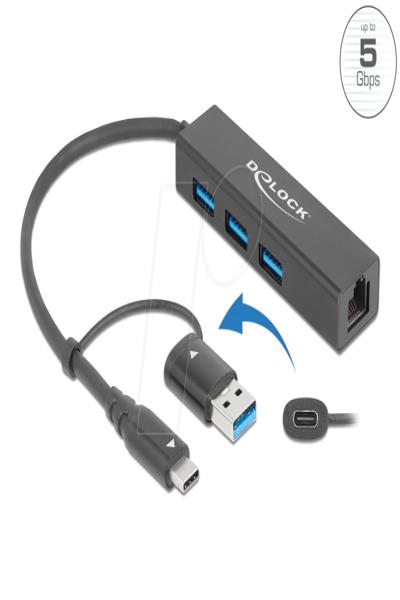 Hub Delock : 3 ports USB 3.2 Gen 1 + 1 port 10/100/1000 + 1 port USB-C 3.2 Gen 1