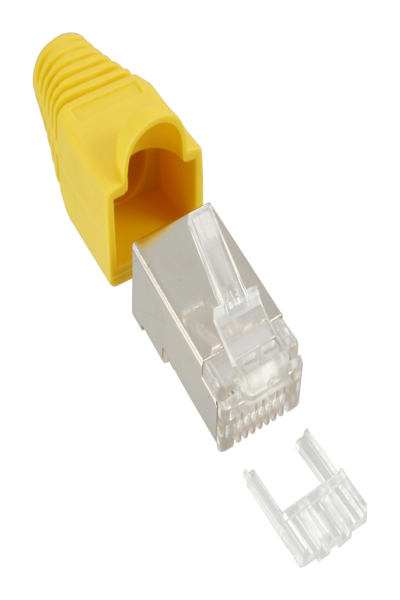 Connecteur à sertir en ligne RJ45 8P8C blindé avec enfileur et protection anti-pliage - jaune