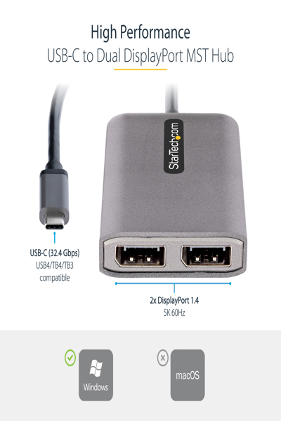 StarTech.com 2-portars USB-C MST-hubb, USB Type-C till 2x DisplayPort-adapter för flera bildskärmar för bärbar dator, Dual-DP upp till 4K 60Hz med DP 1.4 Alt-läge och DSC, HDR, 30 cm kabel, USB-bussdriven - MST14CD122DP