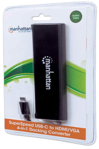 Manhattan USB-C 4-Port Hub/Dock/Converter - USB-C to HDMI or VGA and 2x USB-A Ports and SD Card Reader - 5 Gbps (USB 3.2 Gen1 aka USB 3.0); HDMI Ultra-High-Definition - 1080p@60Hz or 3840x2160p@30Hz (4K) - VGA HD 1080p video; Male to Females - Cable 8cm - Alum - Bl