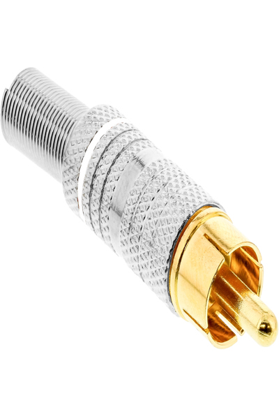 Fiche RCA mâle métallique en ligne à souder - argent - anneau blanc - pour câble 6 mm