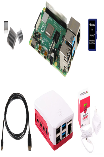 Kit de démarrage Raspberry Pi Pi 4 - Raspberry Pi 4 - 4 Go - Boîtier plastique Raspberry Pi 4 B d'origine - Câble/adaptateur - 1,5 m