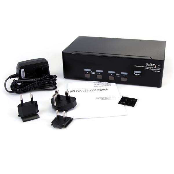 StarTech 4 Port DVI VGA Dual Monitor KVM Switch USB with Audio & USB 2.0 Hub - 1920 x 1200 pixels - 18 W - Black - SV431DDVDUA