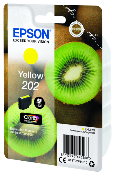 Epson Kiwi Singlepack Yellow 202 Claria Premium Ink - Standard Yield - Yellow - Pigment-based ink - 4.1 ml - 1 pc(s) - 300 pages