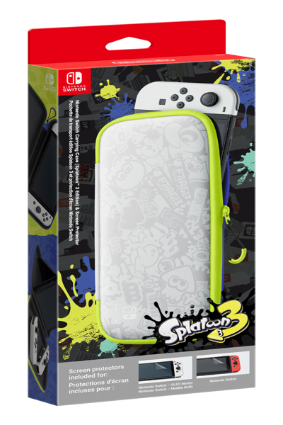 Nintendo Switch Carrying Case & Screen Protector Splatoon 3 Edition. Case type: Sleeve case, Brand compatibility: Nintendo, Product colour: Multicolour. Weight: 222 g. Package width: 130 mm, Package depth: 40 mm, Package height: 305 mm. Country of origin: China - 10009638