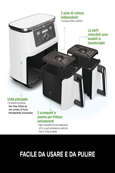 SharkNinja Ninja AF400EU, Hot air fryer, 9.5 L, Double, White, Rotary, Touch, Stand-alone - AF400EUWH
