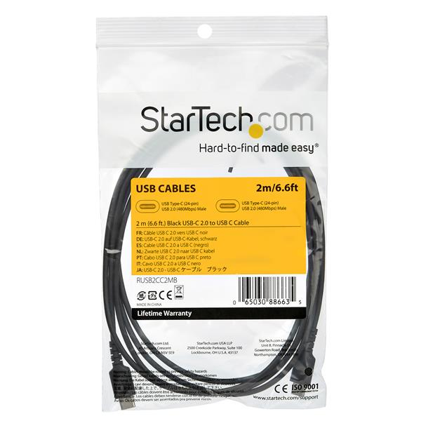 StarTech 2m USB C Charging Cable - Durable Fast Charge & Sync USB 3.1 Type C to C Charger Cord - TPE Jacket Aramid Fiber M/M 60W Black - USB Type C cable - 2 m - RUSB2CC2MB