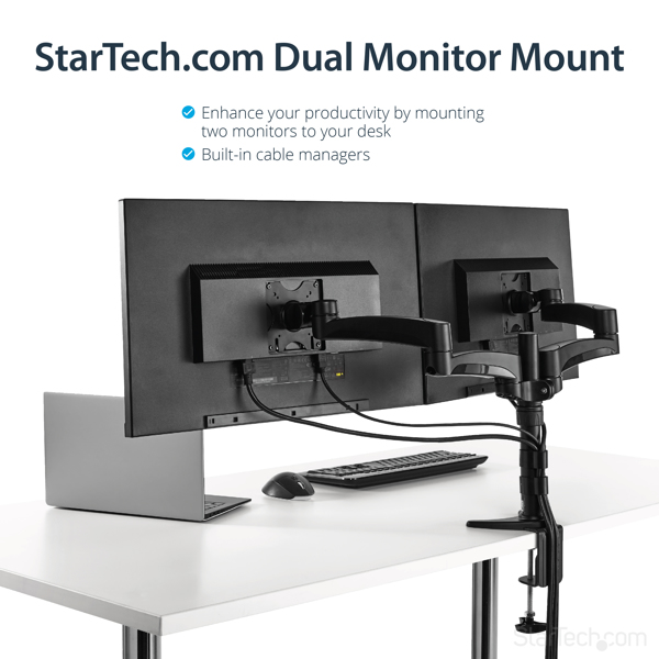 Desk Mount Dual Monitor Arm - Articulating - Supports Monitors 12 to 24 - Adjustable VESA Monitor Arm - Grommet or Desk Mount - Black (ARMDUAL) Plastik Stål Skrivebordsmontering 12-24 2 LCD displays - ARMDUAL