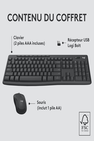 Logitech MK370 Combo for Business - Wireless - RF Wireless + Bluetooth - Membrane - AZERTY - Graphite - Mouse included - 920-012066