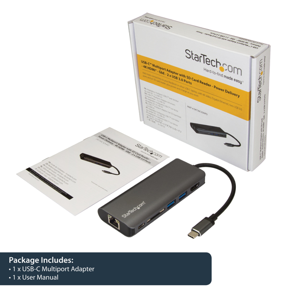 StarTech USB-C multiport adapter - 2x USB 3.0 / HDMI / SD / Gigabit Ethernet - with power supply (USB PD) - USB C dock - docking station - USB-C / Thunderbolt 3 - DKT30CSDHPD