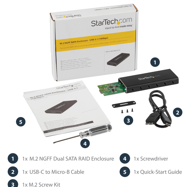 StarTech M.2 SSD Enclosure for M.2 SATA SSDs - USB 3.1 (10Gbps) with USB-C Cable - SSD enclosure - M.2 - M.2 - 10 Gbit/s - USB connectivity - Black - Silver - SM21BMU31C3