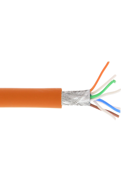 Câble patch en ligne S/FTP PiMF Cat.6A sans halogène 500 MHz orange 100 m