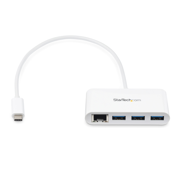 StarTech 3-Port USB-C Hub with Gigabit Ethernet - USB-C to 3x USB-A - USB 3.0 Hub - White - Wired - USB - Ethernet - 1000 Mbit/s - White - HB30C3A1GEA
