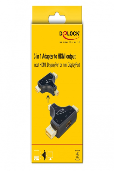 Adaptateur de moniteur 3 en 1 Delock avec entrée HDMI / DisplayPort / mini DisplayPort vers sortie HDMI avec 4K 60 Hz