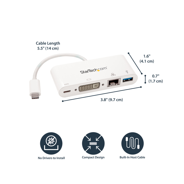 StarTech USB-C Multiport Adapter for Laptops - with power delivery (USB PD) - USB C to USB 3.0 / DVI / Gigabit Ethernet - USB-C Hub - external video adapter - white - DKT30CDVPD
