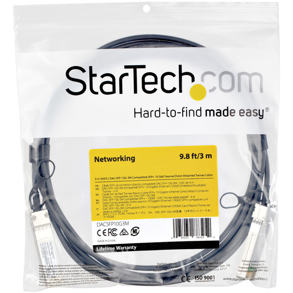 StarTech DACSFP10G3M SFP+ Cable (3m, 10 GbE, Dell EMC DAC-SFP-10G-2M Compatible SFP+ Cable, Passive Copper DAC Cable, Mini-GBIC) - 10GBase Direct Attach Cable - SFP+ (S) Snapped to SFP+ (S) Snapped - 3 m - twinaxial - passive - DACSFP10G3M