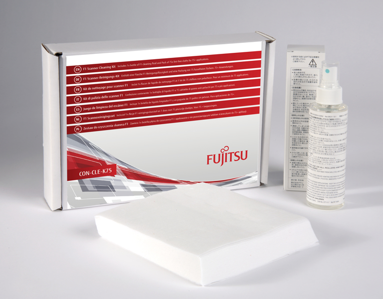 Fujitsu Includes 1x bottle of F1 cleaning fluid and Pack of 75x lint-free cloths for 75 applications - CON-CLE-K75