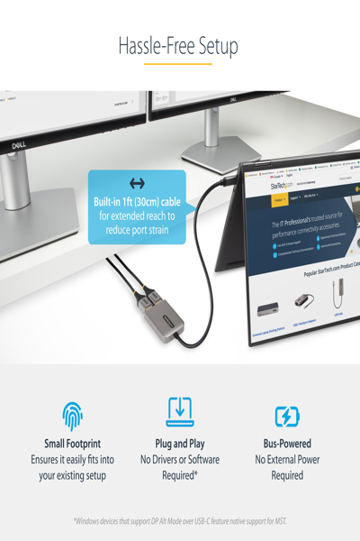 StarTech.com 2-portars USB-C MST-hubb, USB Type-C till 2x DisplayPort-adapter för flera bildskärmar för bärbar dator, Dual-DP upp till 4K 60Hz med DP 1.4 Alt-läge och DSC, HDR, 30 cm kabel, USB-bussdriven - MST14CD122DP