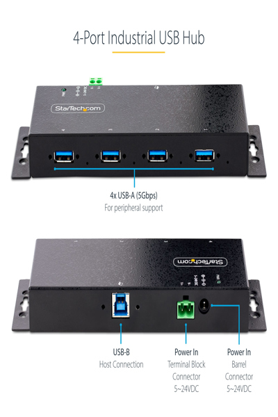 StarTech.com 4-Port Industrial USB 3.0 5Gbps Hub, Rugged USB Hub w/15kV Air/8kV Contact ESD and Surge Protection, DIN/Wall/Desk Mountable USB-A Hub, USB Expansion Hub with Locking Ports - 5G4AINDNP-USB-A-HUB