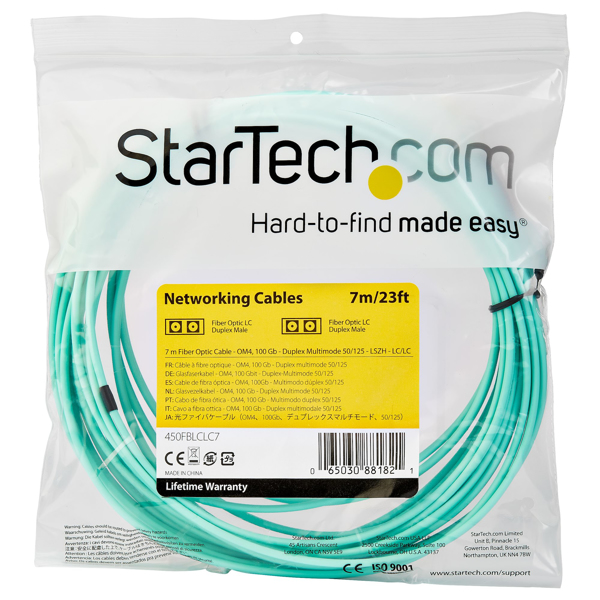 StarTech 7 m OM4 LC to LC Multimode Duplex Fiber Optic Patch Cable - Aqua - 50/125 - Fiber Optic Cable - 40/100Gb - LSZH (450FBLCLC7) - Patch cable - 7 m - Aquamarine - 450FBLCLC7