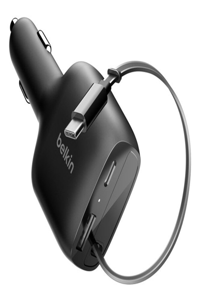 BELKIN 75W 2-PORT W/ RETRACTABLE USB-C CABLE CAR - CCC001HQBK