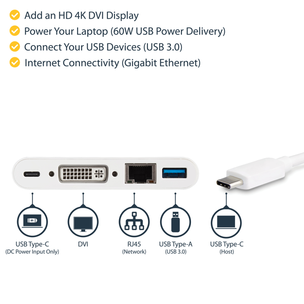 StarTech USB-C Multiport Adapter for Laptops - with power delivery (USB PD) - USB C to USB 3.0 / DVI / Gigabit Ethernet - USB-C Hub - external video adapter - white - DKT30CDVPD