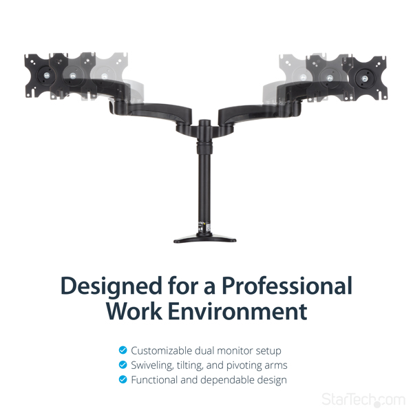 Desk Mount Dual Monitor Arm - Articulating - Supports Monitors 12 to 24 - Adjustable VESA Monitor Arm - Grommet or Desk Mount - Black (ARMDUAL) Plastik Stål Skrivebordsmontering 12-24 2 LCD displays - ARMDUAL