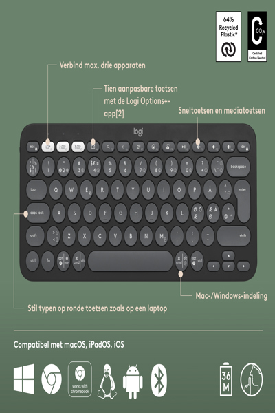 Logitech Pebble Keys 2 K380s - Mini - Wireless - RF Wireless + Bluetooth - Scissor key switch - AZERTY - Graphite - 920-011803