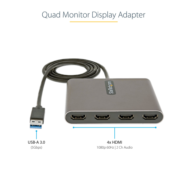 USB 3.0 to 4 HDMI Adapter, External Video & Graphics Card, USB Type-A to Quad HDMI Monitor Display Adapter Dongle, 1080p 60Hz, USB 3.0 to - USB32HD4