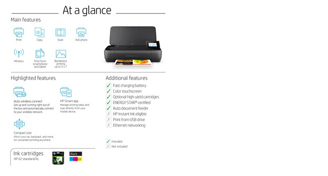 HP OfficeJet 250 Mobile All-in-One Printer - Print - copy - scan - 10-sheet ADF - Thermal inkjet - Colour printing - 4800 x 1200 DPI - A4 - Direct printing - Black - CZ992A