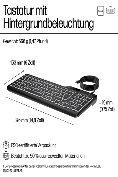 HP 405 Multi-Device Backlit Wired Keyboard: USB-C - 7N7C1AA