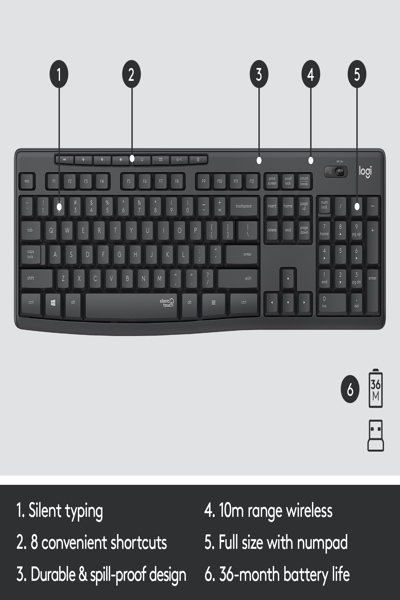 Logitech MK295 Silent Wireless Combo - Full-size (100%) - Wireless - RF Wireless - AZERTY - Graphite - Mouse included - 920-009803