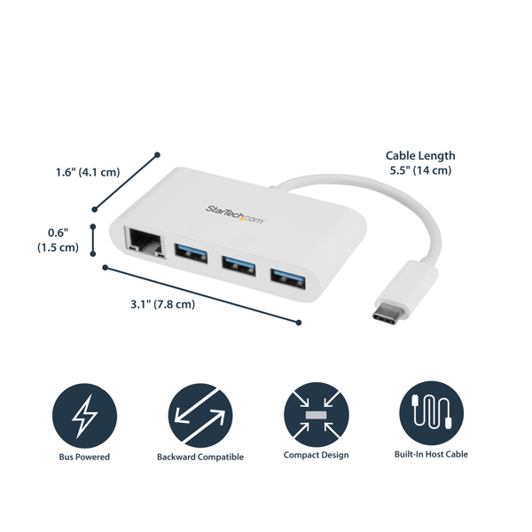 StarTech 3-Port USB-C Hub with Gigabit Ethernet - USB-C to 3x USB-A - USB 3.0 Hub - White - Wired - USB - Ethernet - 1000 Mbit/s - White - HB30C3A1GEA