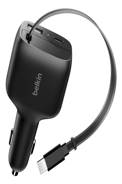BELKIN 75W 2-PORT W/ RETRACTABLE USB-C CABLE CAR - CCC001HQBK