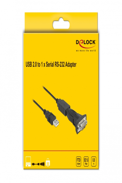 Delock Adapter USB 2.0 Type-A to 1 x Serial RS-232 D-Sub 9 pin male with nuts - USB A - RS-232 - 0.8 m - Black - 61506