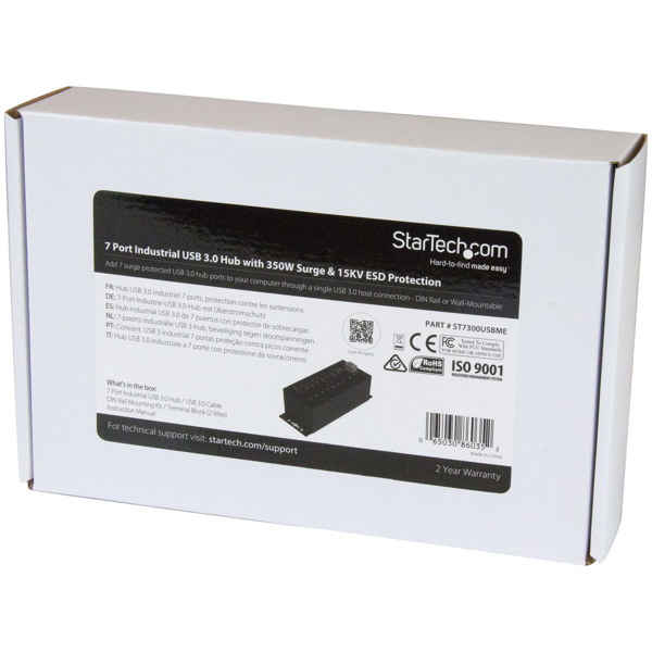 StarTech HB30A7AME USB 3.0 Hub (7-Port, Din-Rail, Industrial Application, External Power Supply, Surge Protection, ESD, 350 W, 15 kV) - Hub - 7 x USB 3.2 Gen 1 - DIN Rail Mountable, Wall Mountable - TAA Compliant - for P/N: ITB20D3250 - HB30A7AME