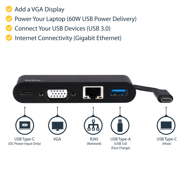 StarTech USB-C VGA Multiport Adapter - Power Delivery (60W) - USB 3.0 - Gigabit Ethernet - USB C Adapter for Mac, Windows, Chrome OS - Docking Station - USB-C - VGA - GigE - DKT30CVAGPD