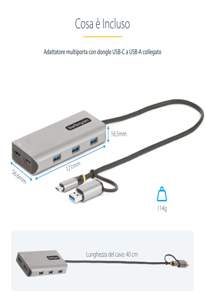 StarTech.com USB-C multiportadapter med ansluten USB-C till USB-A-dongel, dubbel HDMI (4K 30Hz/1080p 60Hz), 3x USB-A, minidockningsstation för laptop, resedockning, 40 cm kabel - 167B-USBC-MULTIPORT