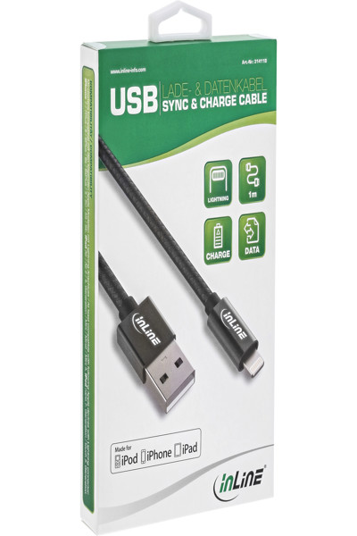 Câble USB Lightning InLine 1 m noir certifié MFi