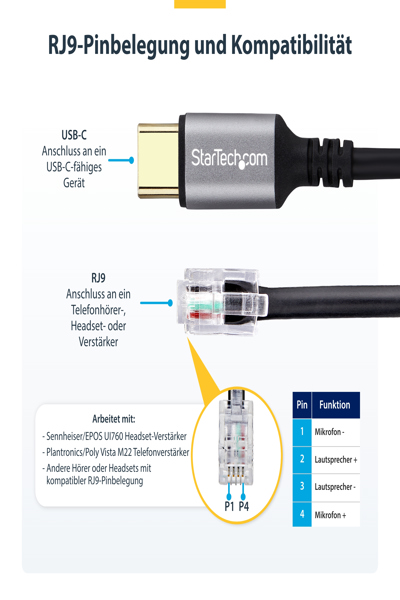 STARTECH USB-C TO RJ9 ADAPTER FOR HANDSET HEADSET - UR9-HEADSET-ADAPTER
